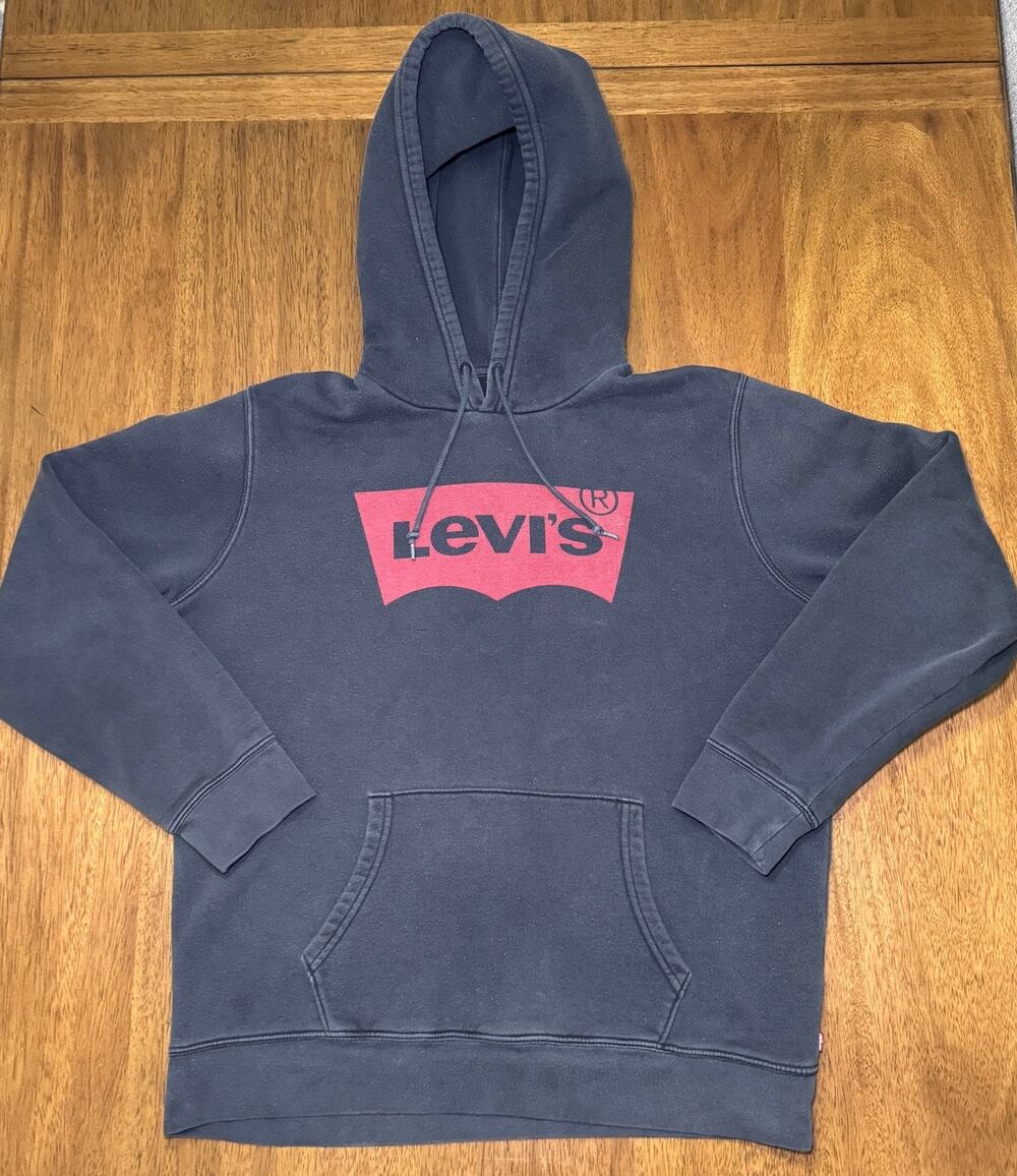 Levi's Men's Large Standard Logo Hoodie Gray Red Batwing Pullover Sweatshirt